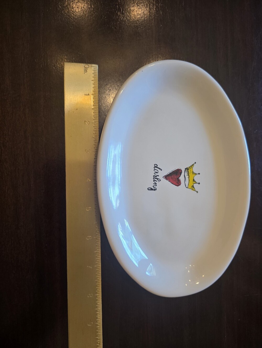 Rae Dunn White Ceramic Oval Dish with Heart & Crown Design - Darling